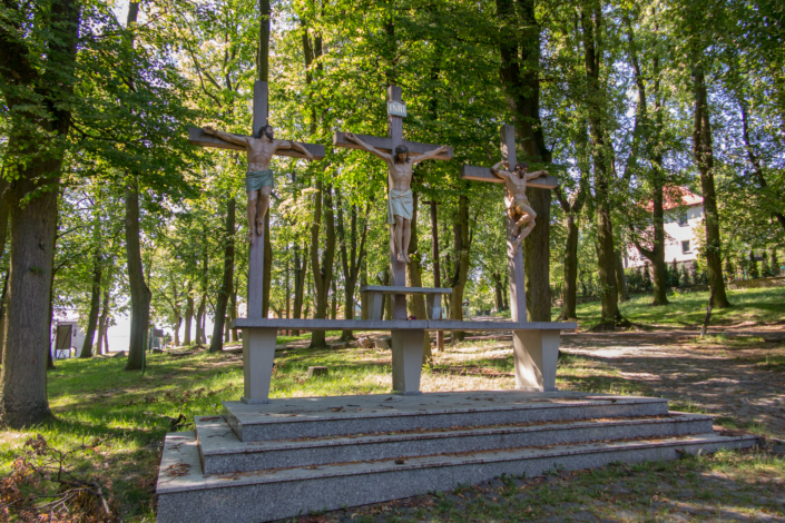 Crosses Jesus and the two thieves on Calvary. International Shrine of St. Anne, Mount St. Anna, Poland